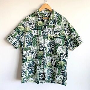Royal Creations Hawaiian Shirt Sz L Hawaii Made Green Flower Palm Trees Pocket